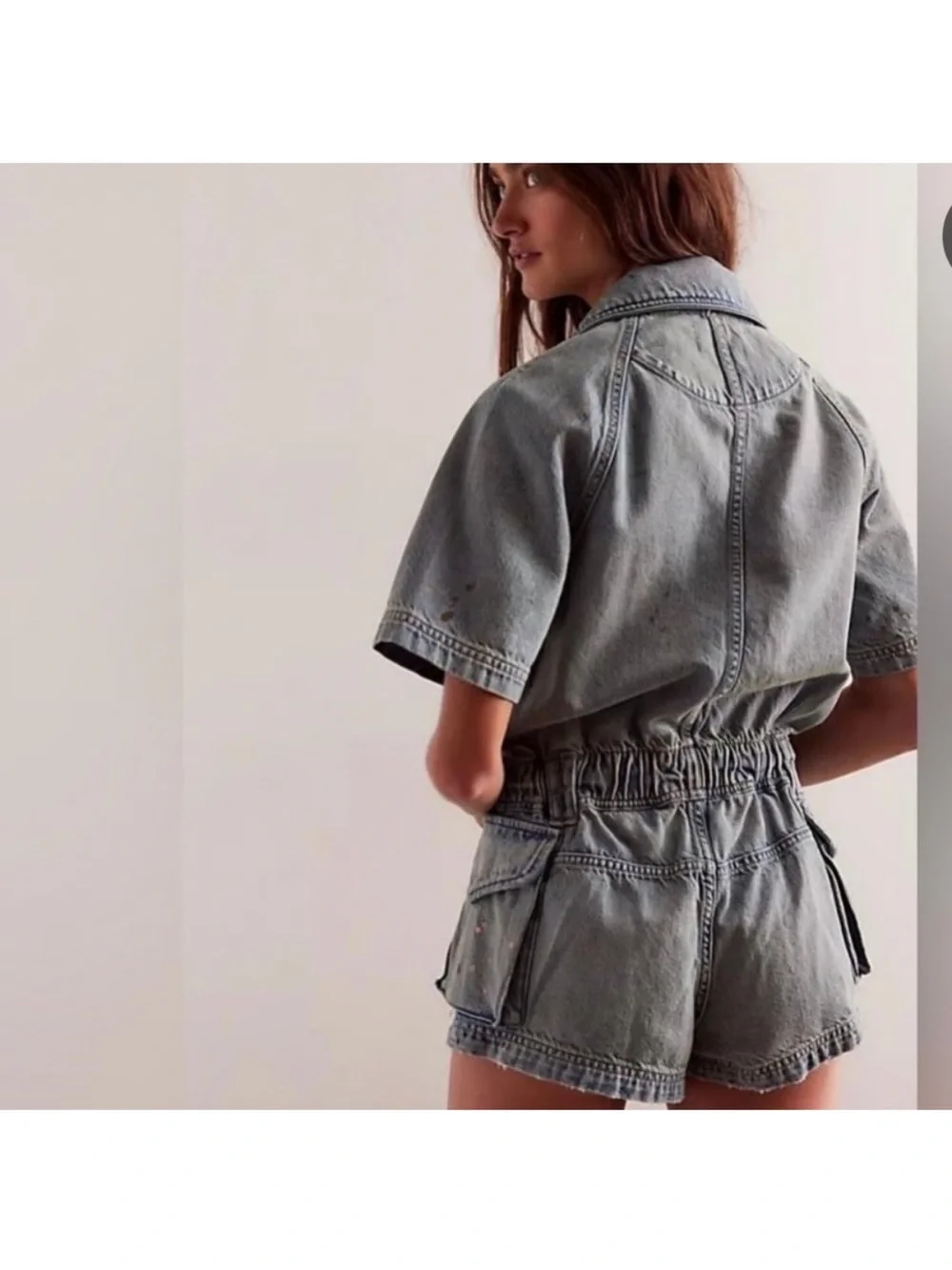 Free People Mojave Denim Shortall Romper Slouchy Paint Splatter Cinch Waist NEW